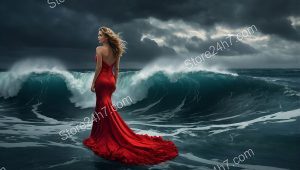 Iconic Red Dress Cityscape Statement