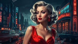 Glamorous Red Dress Vintage Urban Scene