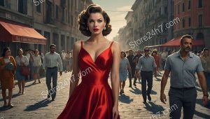 Scarlet Elegance Captivates Bustling Street