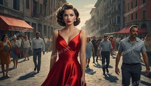 Scarlet Elegance Captivates Bustling Street