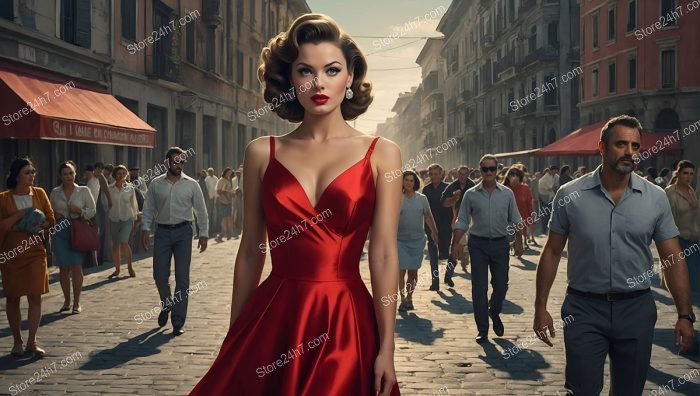 Scarlet Elegance Captivates Bustling Street
