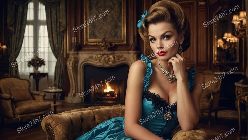 Aristocratic Charm: Teal Gown Pin-Up