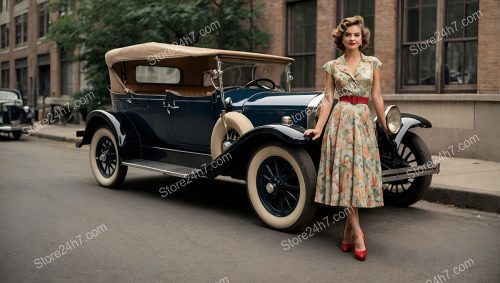 Roaring Twenties Pin-Up Girl with Antique Car