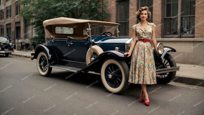 Roaring Twenties Pin-Up Girl with Antique Car