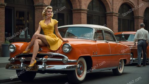 Vintage Pin-Up Beauty with Classic Orange Car