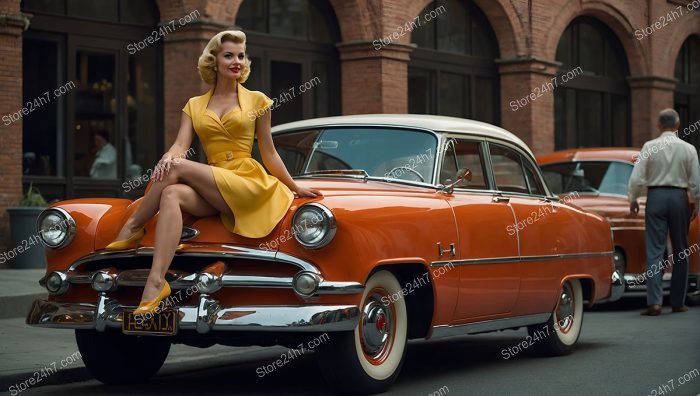Vintage Pin-Up Beauty with Classic Orange Car