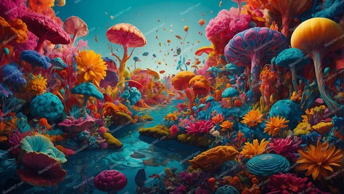 Vibrant Surreal Floral Mushroom Wonderland