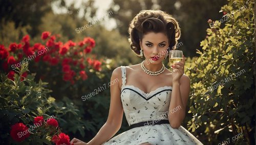 Graceful Pin-Up Woman Toasting in Floral Garden