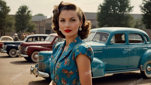 Elegant 1940s Pin-Up Lady with Car