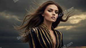 Stormy Elegance in Golden Luxe Gown