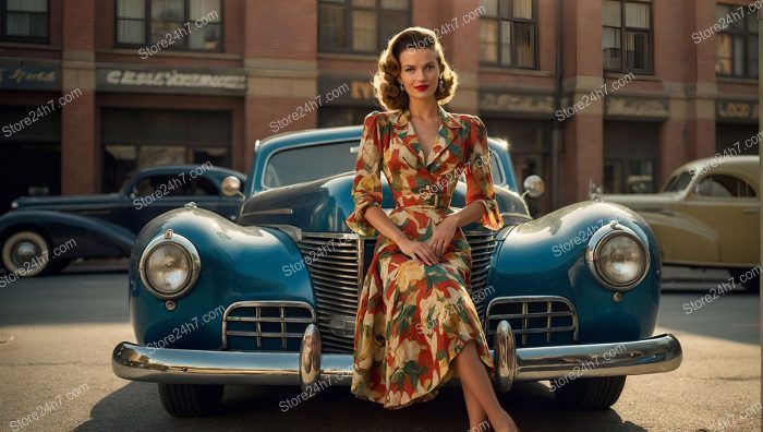 Fifties Pin-Up Lady with Vintage Blue Car