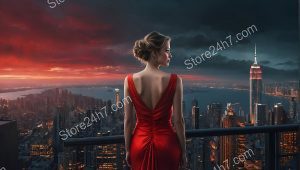 Crimson Dress Against Cityscape Sunset