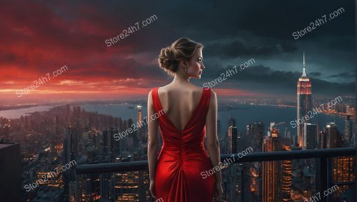 Crimson Dress Against Cityscape Sunset