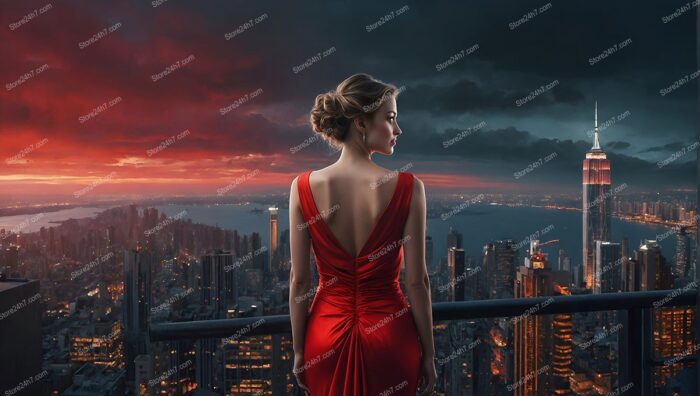 Crimson Dress Against Cityscape Sunset