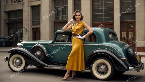 Elegant Forties Pin-Up Beside Vintage Car