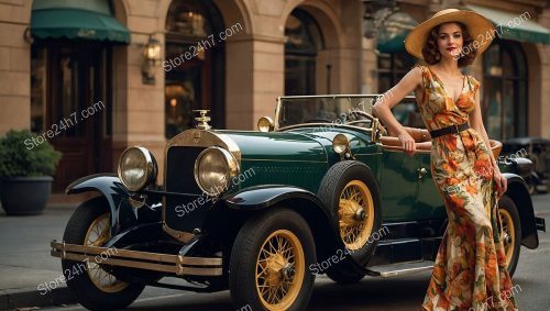 1920s Pin-Up Model with Classic Roadster
