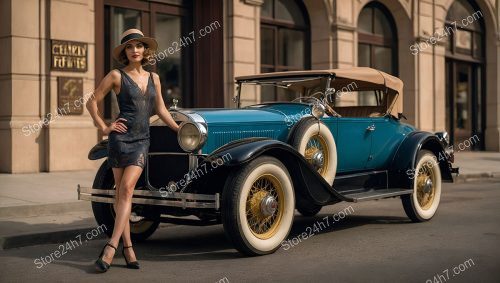 Roaring Twenties Pin-Up Beside Elegant Vintage Car