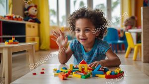 Curly Haired Child Building Blocks