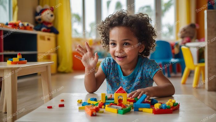 Curly Haired Child Building Blocks
