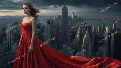 Scarlet Gown Majesty Above Metropolis