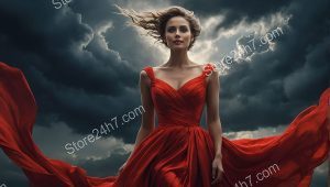 Elegant Red Dress Storms Skyline