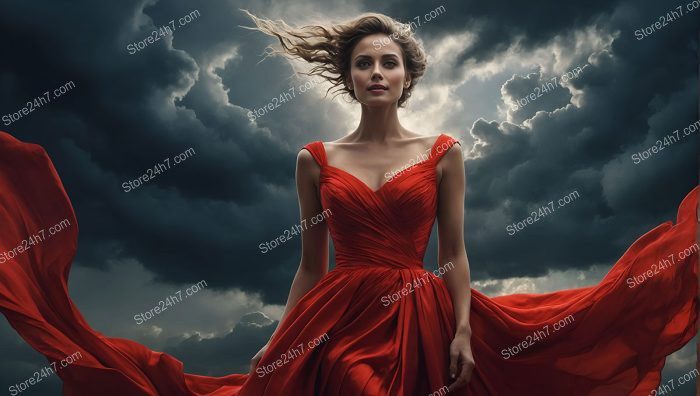 Elegant Red Dress Storms Skyline