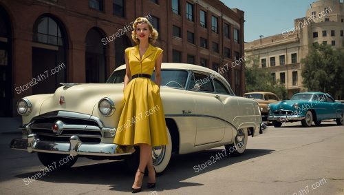 Vintage Yellow Dress Pin-Up Classic Car