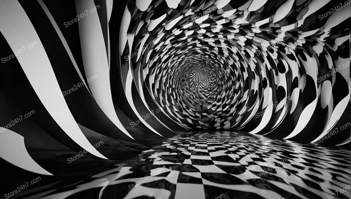 Spiraling Abstract Monochrome Chessboard Vortex
