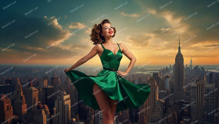 Emerald Elegance: Pin-Up Girl's Sunset Dance