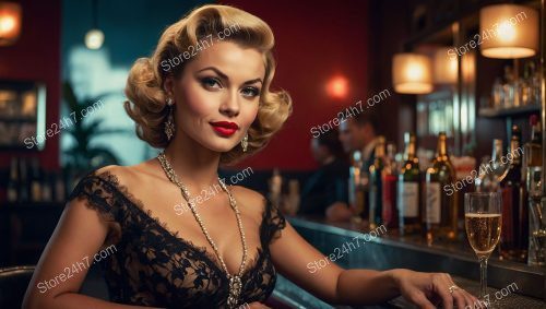 Vintage Pin-Up Girl Enjoys Chic Bar Evening