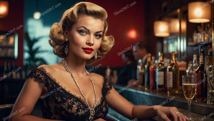 Vintage Pin-Up Girl Enjoys Chic Bar Evening
