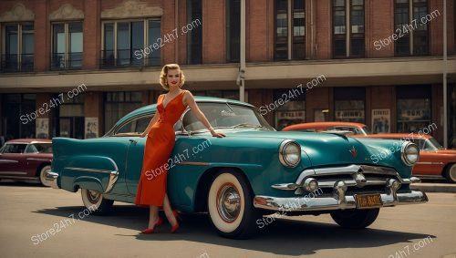 Retro Pin-Up Beauty with Teal Vintage Car