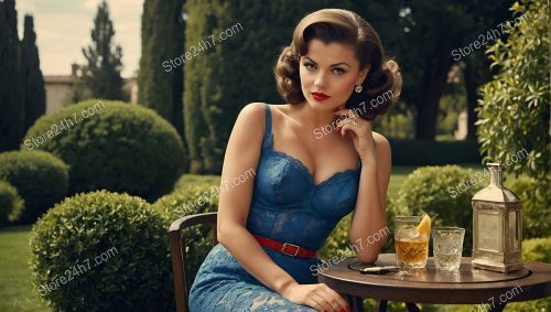 Opulent Pin-Up Lady Contemplates in Lush Garden