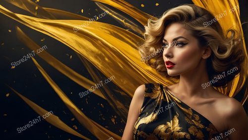 Golden Dress Amidst Fluid Elegance
