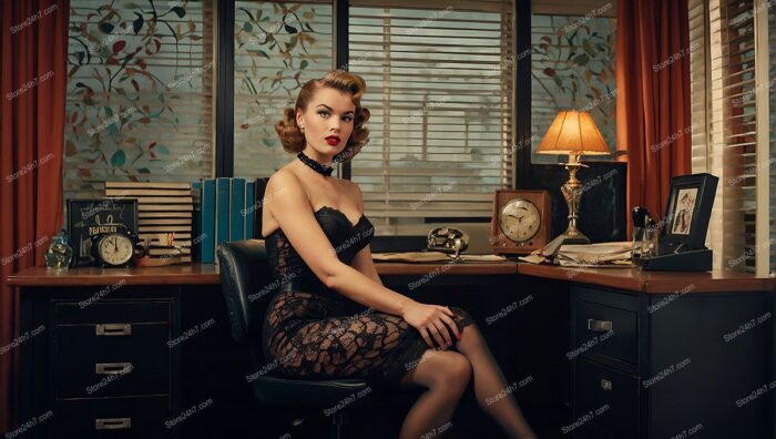 Vintage Pin-Up Secretary at Mid-Century Desk