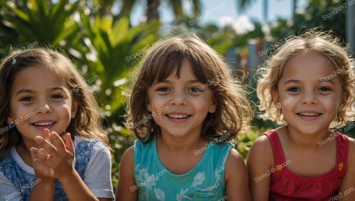 Children Smiling in Tropical Garden