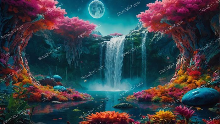 Moonlit Waterfall in Alien Forest