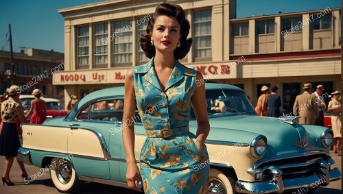 Fifties Floral Pin-Up Model with Vintage Car