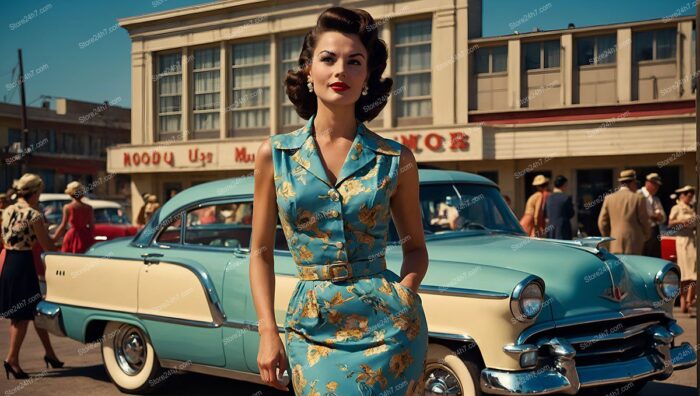 Fifties Floral Pin-Up Model with Vintage Car