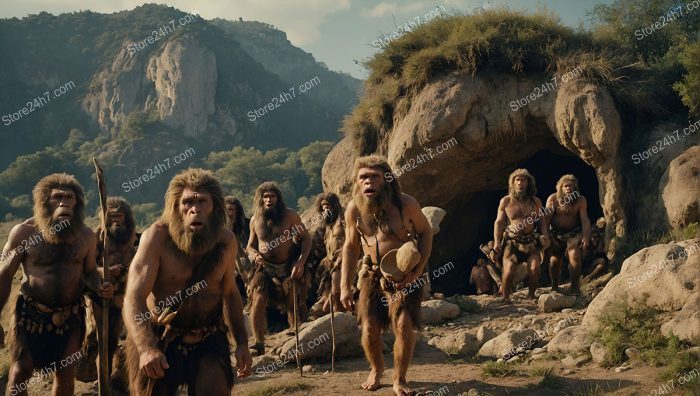 Neanderthal Tribe Exiting Rocky Cave