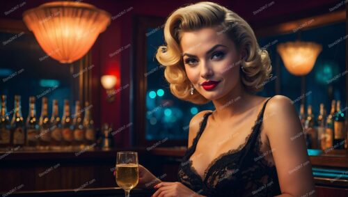 Joyful Pin-Up Girl Sipping Champagne in Bar