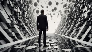 Man Contemplating Data Stream Vortex