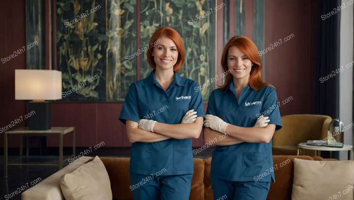 Confident Twin Cleaners in Blue