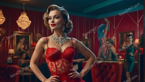 Elegant Showgirl in Glamorous Red Lingerie