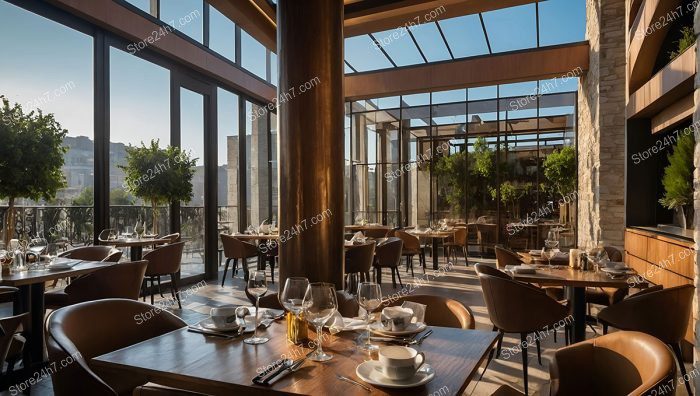 Sunlit Glass-Walled Restaurant Interior