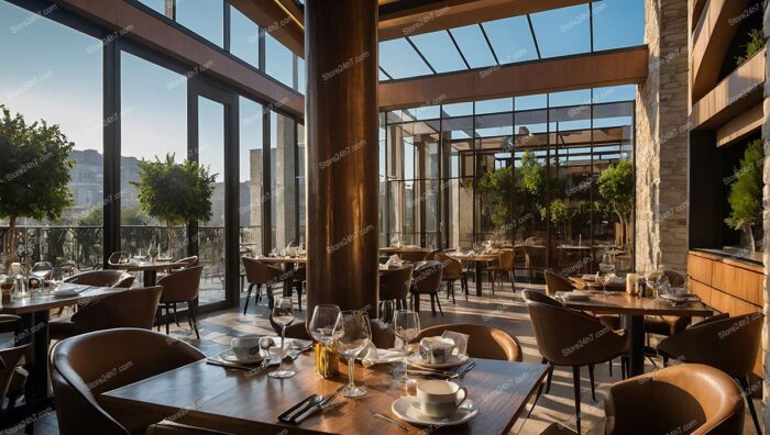 Sunlit Glass-Walled Restaurant Interior