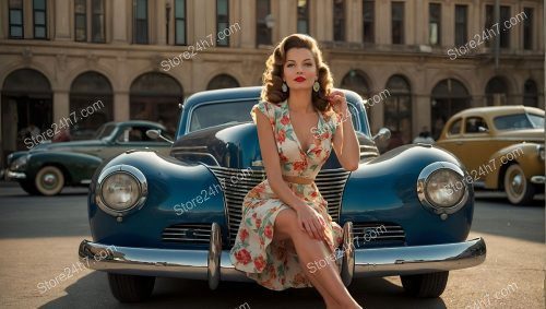 Classic 1950s Pin-Up Girl with Car