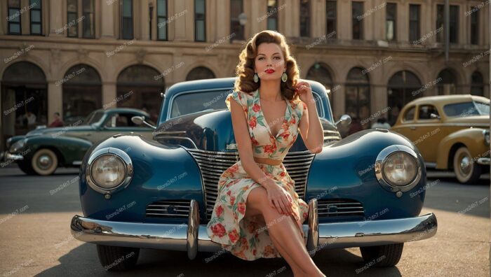 Classic 1950s Pin-Up Girl with Car