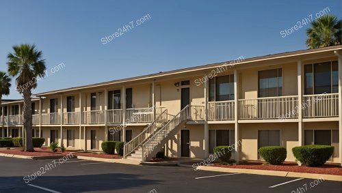 Sunny Palm-Lined Motel Exterior
