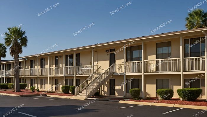 Sunny Palm-Lined Motel Exterior